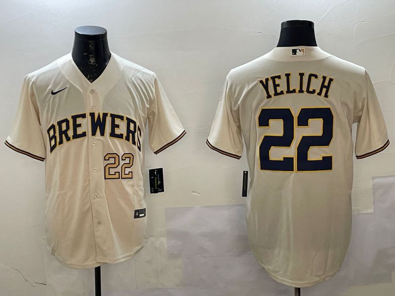 Men Milwaukee Brewers #22 Yelich Cream Game 2025 Nike MLB Jersey style 3